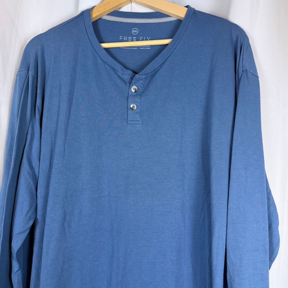 Free Fly Mens Bamboo Performance Long Sleeve Henley Shirt Blue XXL 2XL